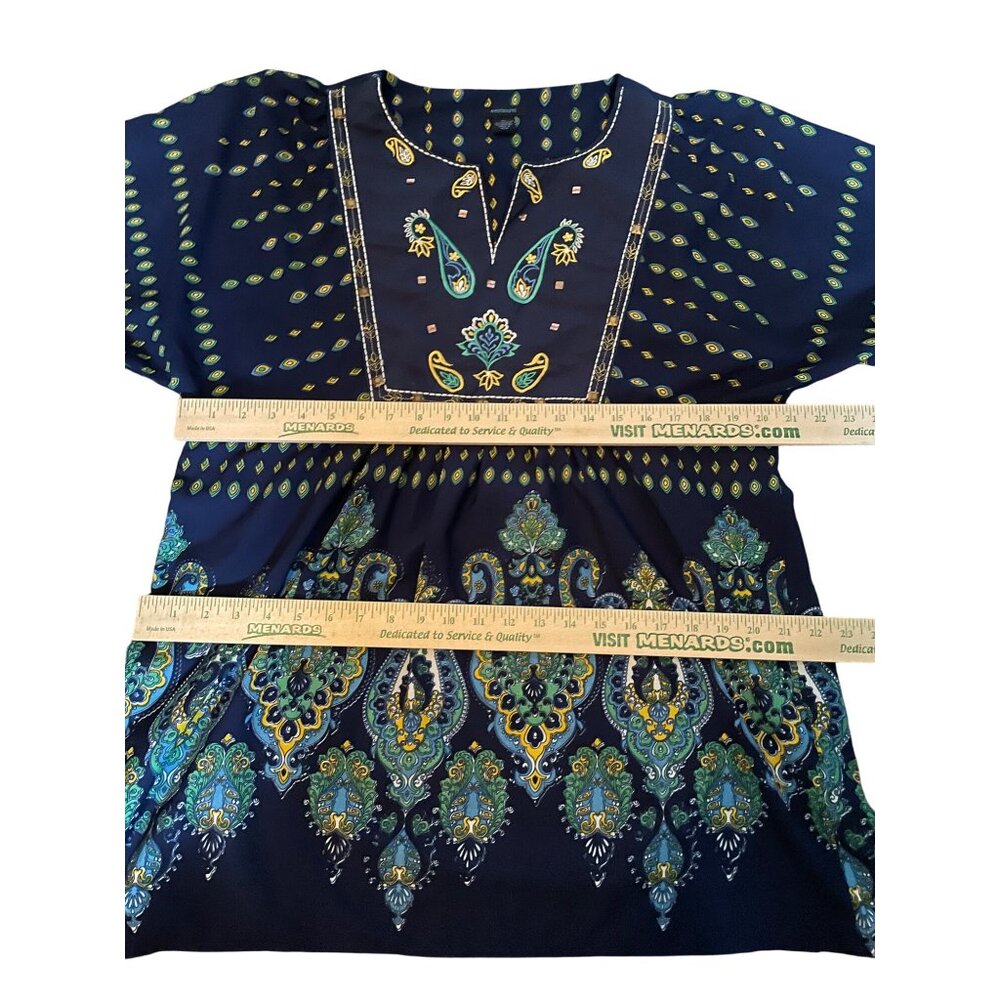 Westbound Womens XL Boho Embroidered V-Neck Pullover Blouse  Navy/Green Sequins - Picture 10 of 15
